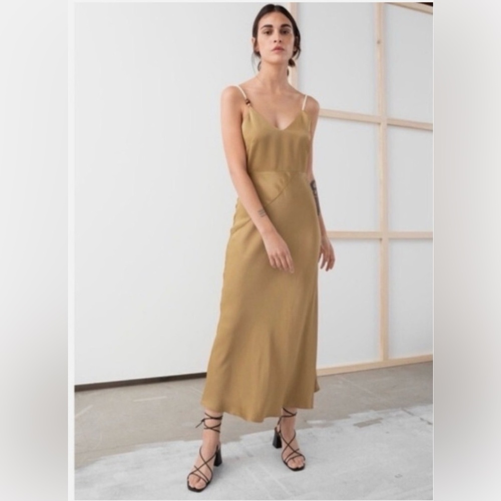 & OTHER STORIES Rope Strap Midi Satin Slip Dress Wedding Guest Cocktail Tan Sz 4 - Picture 2 of 14